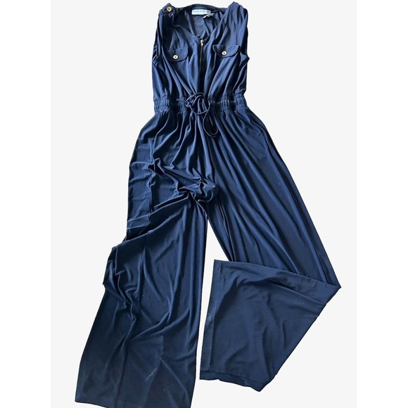 Emma & Michele Jumpsuit Women's Large Navy W/Gold Wide Leg Pant Sleeveless Tie - Picture 1 of 10